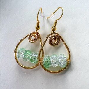 Handcrafted Gold Teardrop Earrings with Light Green Beads